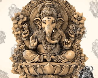 Peut inclure: Une sculpture en bois détaillée du dieu hindou Ganesha, représenté avec une tête d'éléphant, quatre bras et un gros ventre. Il est assis sur une fleur de lotus et entouré de motifs floraux.