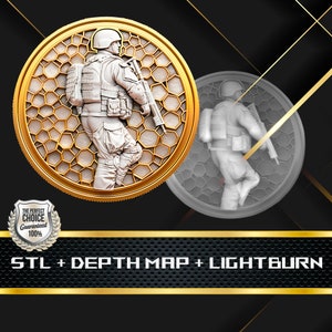 May include: A 3D printed model of a soldier holding a rifle, with a honeycomb pattern background. The model is in a gold-colored frame. The image also shows a grayscale version of the model. The text "STL + DEPTH MAP + LIGHTBURN" is displayed below the image.