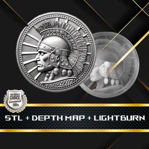 Warrior Coin Depth Map: 3D Embossing Laser Engrave STL and Heigth Map files for Laser Fiber