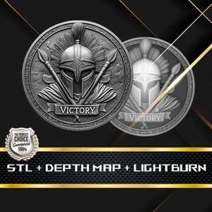 May include: A 3D printed model of a silver coin with a Roman warrior helmet and crossed spears. The coin has the word "VICTORY" inscribed on it. The image also shows a grayscale version of the coin.