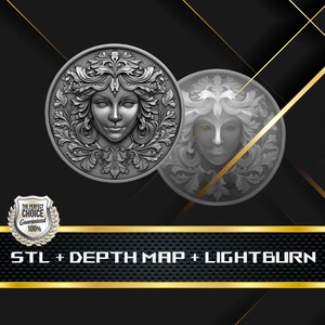 Könnte beinhalten: Zwei silberfarbene, runde Medaillons mit dem Gesicht einer Frau, umgeben von kunstvollen floralen Designs. Der Text "STL + DEPTH MAP + LIGHTBURN" ist unten zu sehen. Ein Abzeichen mit dem Text "THE PERFECT CHOICE Guaranteed 100%" befindet sich unten links.