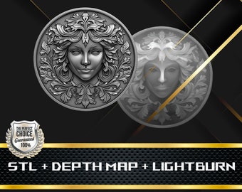 May include: Two silver-colored, circular medallions featuring a woman's face surrounded by ornate floral designs. The text "STL + DEPTH MAP + LIGHTBURN" is displayed at the bottom. A badge with the text "THE PERFECT CHOICE Guaranteed 100%" is in the lower left corner.