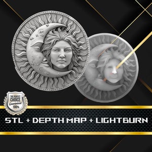 Dieptekaart munt | Hoogtekaart | 3D-lasergravure | Xtool | STL-bestand | PNG-bestand | Grijswaarden | Lightburn BMP | Laservezel | Maan Zon