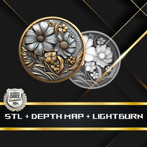 May include: A detailed, metallic floral design in a circular shape. The design features two large flowers with intricate petal details, surrounded by smaller flowers and leaves. The color palette includes silver, gold, and bronze tones. The text "STL + DEPTH MAP + LIGHTBURN" is at the bottom.