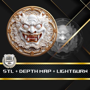 Oni Demon Coin Depth Map: 3D Embossing Laser Engrave STL and Heigth Map files for Laser Fiber