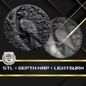 May include: A detailed, dark gray relief sculpture of a raven perched on a tree branch, surrounded by floral and leaf details. The raven is depicted with its beak open. The image includes the text "STL + DEPTH MAP + LIGHTBURN" and a badge that says "The Perfect Choice Guaranteed 100%."