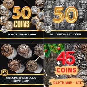 MORE THAN 100 Coin Bundle  Depth Maps | Laser Engraving Coin Collection | Dog Breeds, Christmas, Viking, Fantasy, Funny Coins