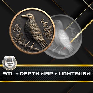 Münze Tiefe Karte | Höhenkarte | 3D Laser Gravur | Xtool | Stl-Datei | PNG-Datei | Graustufen | Lightburn BMP | Laserfaser | Krähe Münze
