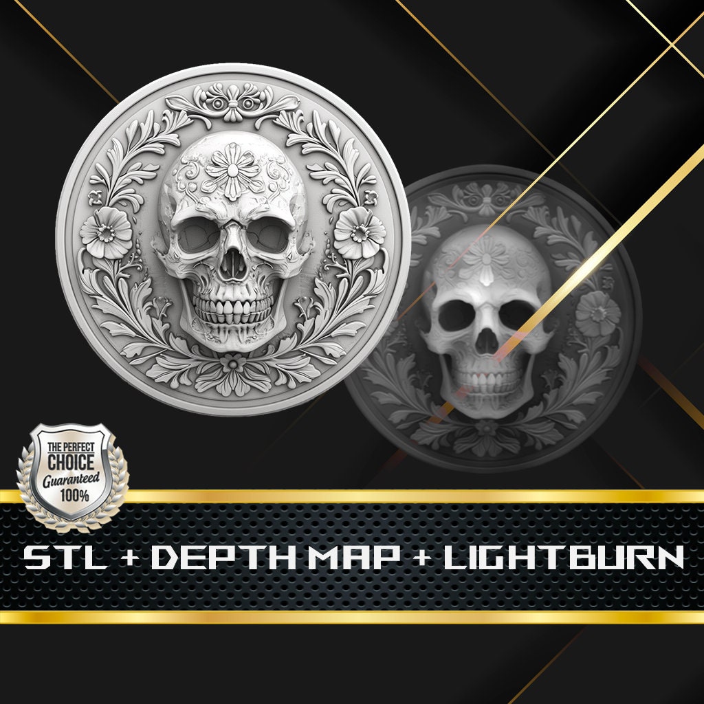 Skull Coin Depth Map and STL File, 3D Relief for Laser Engraving