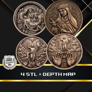 4 Christian STL & Depth Map Coin Bundle | Jesus Resurrection, Saint Rose, Holy Burial Faith Relief | Laser Engraving | CNC 3D Coin Files
