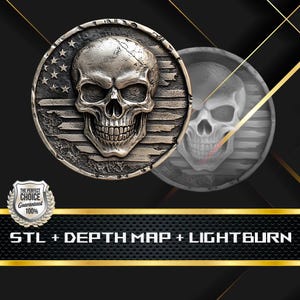 Münze Tiefe Karte | Höhenkarte | 3D Laser Gravur | Xtool | Stl-Datei | PNG-Datei | Graustufen | Lightburn BMP | CNC Münze | Totenkopf U S A Münze