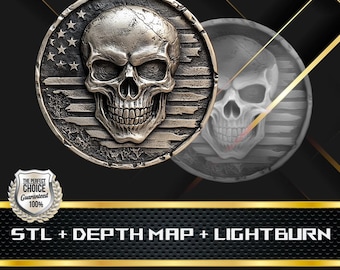 Coin Depth Map | Heigh Map | 3D Laser Engrave | Stl file | PNG file | Grayscale | Lightburn BMP | CNC Coin | Skull U S A Coin