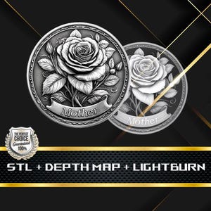 Pode incluir: Dois medalhões prateados com um design detalhado de rosa. A palavra "Mother" está inscrita em uma faixa abaixo da rosa. Os medalhões estão em um fundo preto com detalhes dourados. A imagem também inclui o texto: "STL + DEPTH MAP + LIGHTBURN."
