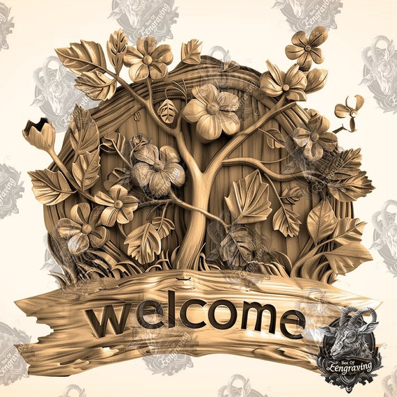 3D Welcome Sign Laser Cut File: Floral Tree Design (digital