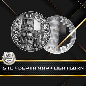 Può includere: Rappresentazione dettagliata in scala di grigi della Torre di Pisa e degli edifici circostanti, circondata da accenti floreali. È visibile una seconda rappresentazione trasparente della torre. Il testo "STL + DEPTH MAP + LIGHTBURN" è visualizzato.