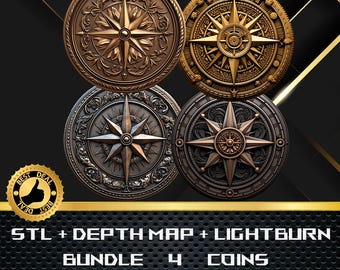 Bundle 4 Coin Depth Map | Heigh Map | 3D Laser Engrave | Xtool | Glowforge | Stl file | PNG file | Lightburn BMP | CNC Coin | Compass