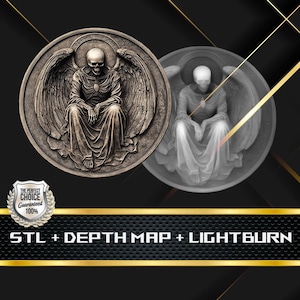 Münze Tiefe Karte | Höhenkarte | 3D Laser Gravur | Xtool | Stl-Datei | PNG-Datei | Graustufen | Lightburn BMP | Laserfaser | Engel des Todes Münze