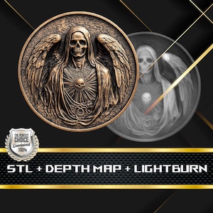 Münze Tiefe Karte | Höhenkarte | 3D Laser Gravur | Xtool | Stl-Datei | PNG-Datei | Graustufen | Lightburn BMP | Laserfaser | Engel des Todes Münze