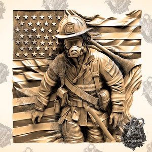 May include: A 3D wood carving of a firefighter wearing a helmet and gas mask, standing in front of an American flag. The firefighter is holding an axe in their right hand. The carving is painted in shades of brown and gold.