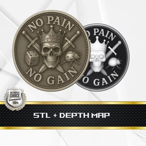May include: Two detailed metal coins with a skull wearing a crown, crossed swords, a die, and a ladybug. The coins read "NO PAIN NO GAIN". One coin is silver, the other is black and white. The text "STL + DEPTH MAP" is at the bottom.