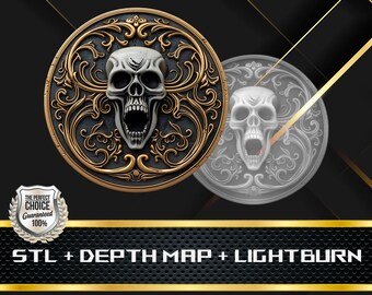 May include: A detailed, circular design featuring a skull with an open mouth, surrounded by ornate, gold-colored filigree on a dark background. The design is accompanied by a lighter, transparent version. The text "STL + DEPTH MAP + LIGHTBURN" is displayed.