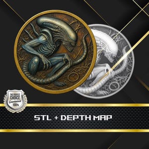 Alien Coin Depth Map: 3D Embossing Laser Engrave STL and Heigth Map files for Laser Fiber