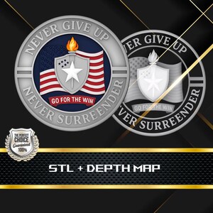 Pode incluir: Duas moedas prateadas com designs patrióticos. Cada moeda apresenta o texto "NEVER GIVE UP, NEVER SURRENDER" ao redor da borda. O design central inclui um escudo, a bandeira americana e uma tocha. O texto "GO FOR THE WIN" também está presente.