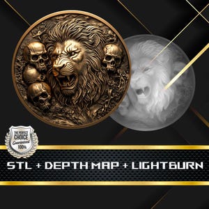 Lion and Skulls Coin Depth Map: 3D Embossing Laser Engrave STL and Heigth Map files for Laser Fiber