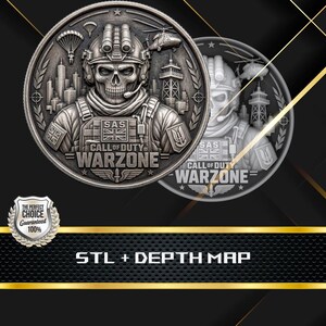 May include: A silver-colored coin featuring a detailed relief of a skull-faced soldier in tactical gear, with the text "CALL OF DUTY WARZONE". The coin includes a helicopter, parachute, and city skyline design. The text "STL + DEPTH MAP" is at the bottom.