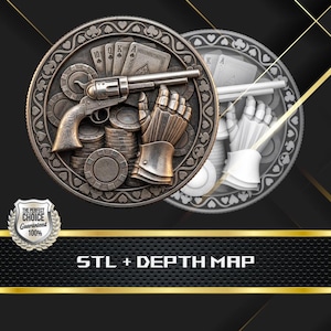 Poker Gun Coin Depth Map and STL File, 3D Relief for Laser Engraving CNC
