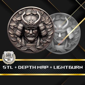Samurai Coin Depth Map: 3D Embossing Laser Engrave STL and Heigth Map files for Laser Fiber