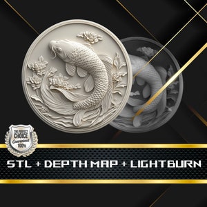 May include: A white, circular relief sculpture featuring a koi fish swimming among floral elements. The design is detailed with scales and flowing water. The image includes the text "STL + DEPTH MAP + LIGHTBURN".