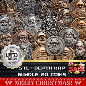 20 pièces de Noël | Carte de la profondeur | Hauteur : carte | Gravure laser 3D | Outil X | Forgelumineuse | Fichier Stl | Fichier PNG | Père Noël CNC
