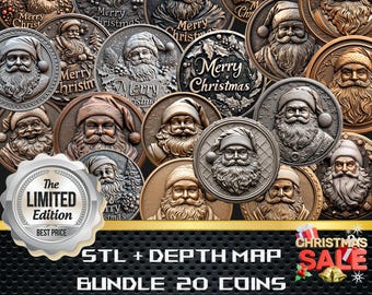 20 Coin Christmas | Depth Map | Heigh Map | 3D Laser Engrave | Xtool | Glowforge | Stl file | PNG file | CNC Santa Claus