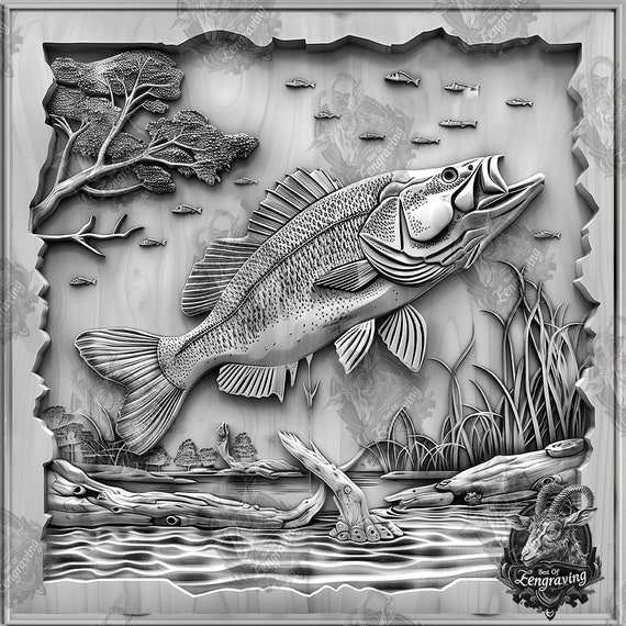 Bass Fishing 3D Illusion: Laser Engraving PNG File (digital