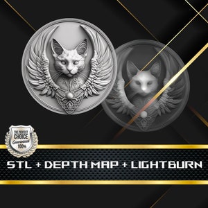 Puede incluir: Dos esculturas circulares en relieve de color plateado de un gato con alas emplumadas, sobre un fondo negro con detalles dorados. El gato tiene detalles y está adornado con un collar decorativo. Se muestra el texto "STL + DEPTH MAP + LIGHTBURN".