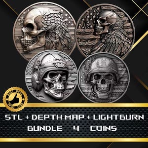 4 munten Skull Militar | Dieptekaart munt | Hoogtekaart | 3D-lasergravure | Xtool | STL-bestand | PNG-bestand | Grijswaarden | Lightburn BMP | CNC-munt: