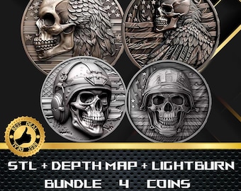 4x Schädel Militärmünze Tiefe Karte und STL-Datei, 3D-Relief für die Lasergravur CNC