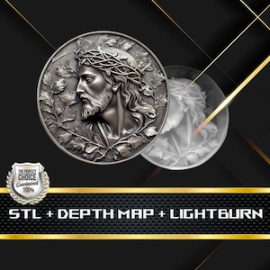 May include: A 3D printed model of a man's face with a crown of thorns. The model is in a silver color and is surrounded by leaves. The model is on a black background with a gold border. The text "STL + DEPTH MAP + LIGHTBURN" is below the model.