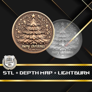 Dieptekaart munt | Hoogtekaart | 3D-lasergravure | Xtool | Glowforge | STL-bestand | PNG-bestand | Lightburn BMP | CNC-munt | Kerstboom