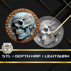 May include: A detailed, light blue skull design with intricate carvings, set within a gold-colored circular frame. The design includes floral elements and is accompanied by a grayscale version. The text "STL + DEPTH MAP + LIGHTBURN" is displayed below.