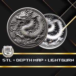 Münze Tiefe Karte | Höhenkarte | 3D Laser Gravur | Xtool | Stl-Datei | PNG-Datei | Graustufen | Lightburn BMP | Drachenmünze