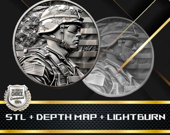 Soldier Coin Depth Map: 3D Embossing Laser Engrave STL and Heigth Map files for Laser Fiber