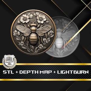 Op de afbeelding: Een bronzen cirkelvormig ontwerp met een gedetailleerde bij omringd door bloemen. Het reliëfontwerp staat tegen een donkere achtergrond met gouden accenten. De tekst "STL + DEPTH MAP + LIGHTBURN" staat onderaan.