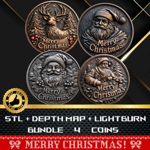 May include: Set of four bronze-coloured Christmas coins with a raised design. Each coin features a different image of Santa Claus or a reindeer with the words "Merry Christmas" on a banner.