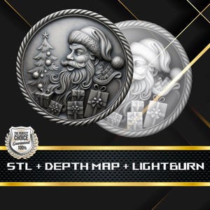 Pode incluir: Uma moeda detalhada, prateada, com o Pai Natal com uma longa barba, uma árvore de Natal e presentes embrulhados. A moeda tem uma borda texturizada e uma imagem espelhada. O texto "STL + DEPTH MAP + LIGHTBURN" é exibido abaixo.
