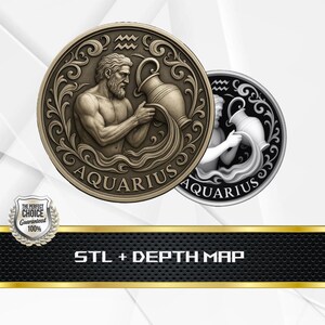 May include: Two round Aquarius medallions. One is bronze-colored, featuring a man pouring water from a jug, with the word "Aquarius" below. The other is silver, with a similar design. The text "STL + DEPTH MAP" is at the bottom.