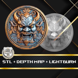 Oni Mask Coin Depth Map: 3D Embossing Laser Engrave STL and Heigth Map files for Laser Fiber