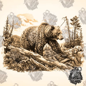 以下が含まれることがあります： セピア色のイラストで、森の中を歩くグリズリーベアが描かれています。詳細な陰影とテクスチャが特徴です。クマが中心で、木々、丸太、小さなクマに囲まれています。この画像は、ヴィンテージの彫刻スタイルです。