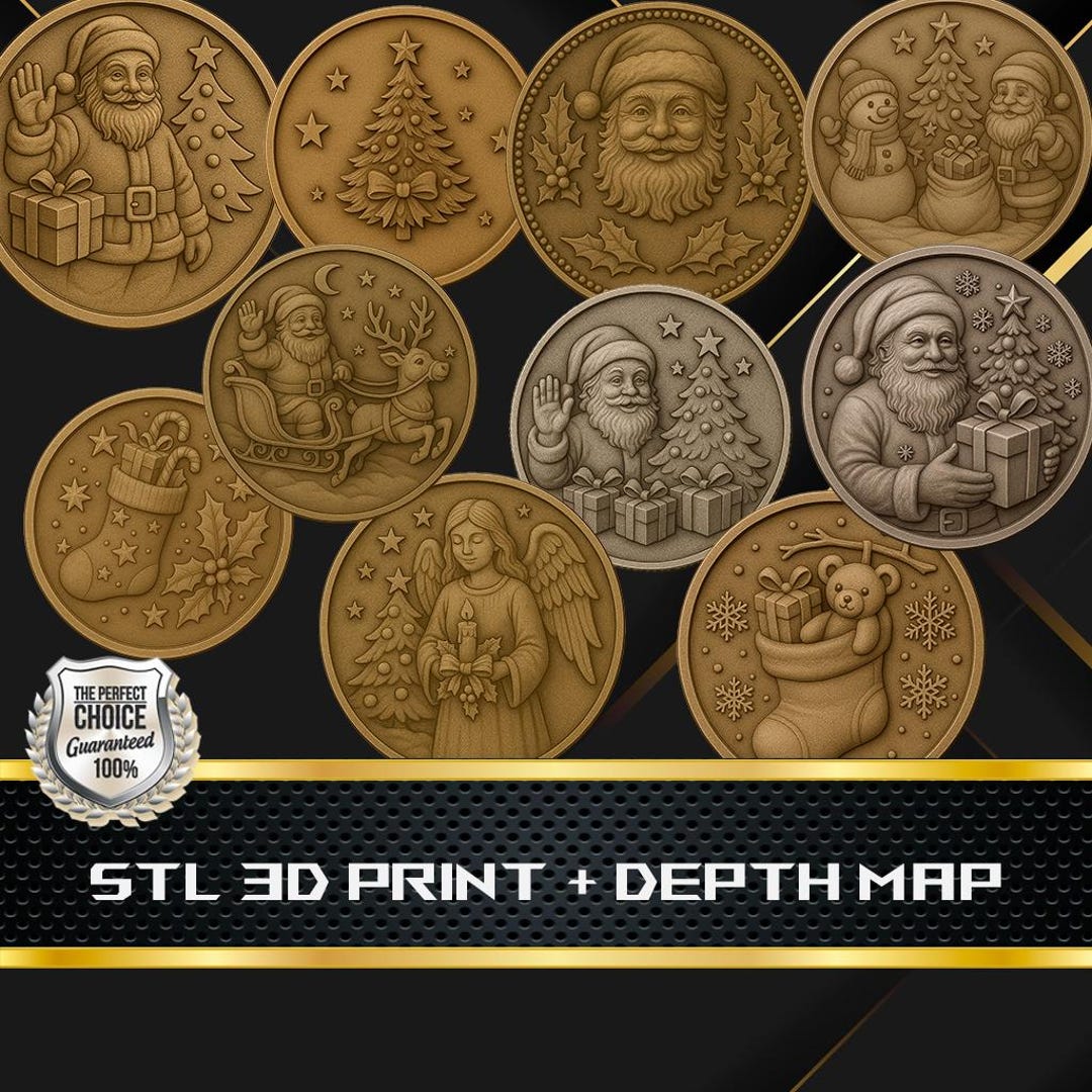 10x Christmas Coin Depth Map: 3D Embossing Laser Engrave STL and Heigth ...